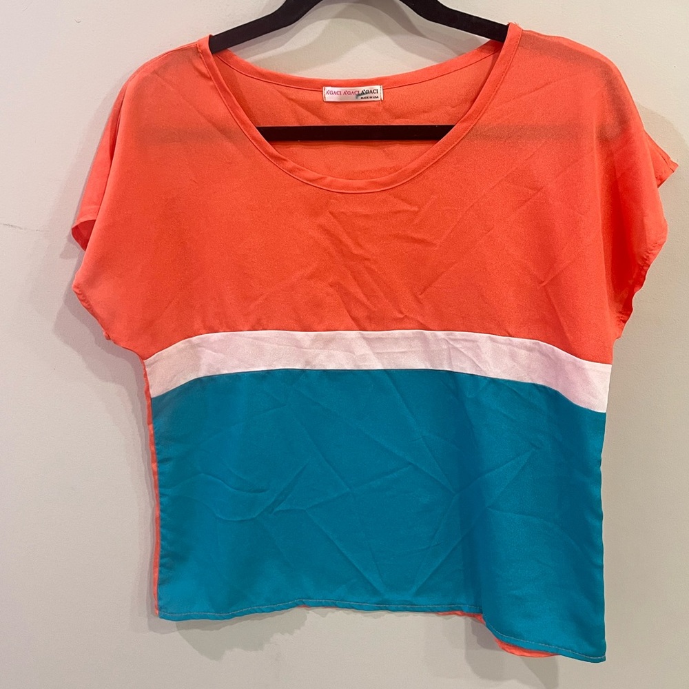 Vintage orange/teal/white A’gaci sheer blouse Sz medium‎